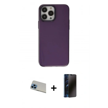 MARSİLYAN™- iPhone 13 Pro Max Kılıf Zirve Doku Koleksiyonu - Siyah 3D Antistatik Hayalet Cam Ekran Koruyucu + Rainbow Kamera Lens Koruma Cam - MI