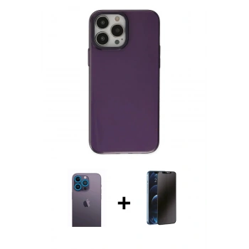 MARSİLYAN™- iPhone 13 Pro Max Kılıf Zirve Doku Koleksiyonu - Siyah 3D Antistatik Hayalet Cam Ekran Koruyucu + Neon Fosforlu Kamera Lens - MI