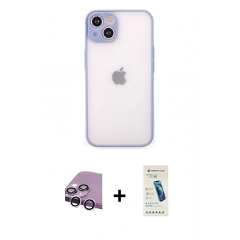 MARSİLYAN™- iPhone 14 Kılıf Ahenk Çizgi Serisi - Şeffaf Pasifik Cam Ekran Koruyucu + Raze Metal Kamera Lens - MR