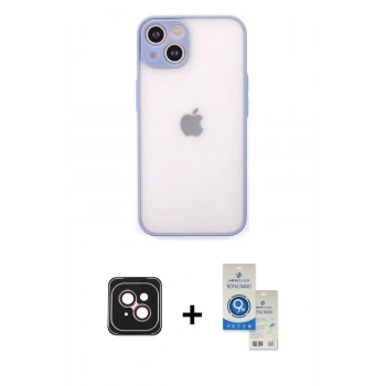 MARSİLYAN™- iPhone 14 Kılıf Ahenk Çizgi Serisi - Şeffaf Royal Nano Ekran Koruyucu + PVD Metal Kamera Lens - PE