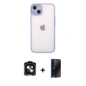 MARSİLYAN™- iPhone 14 Kılıf Ahenk Çizgi Serisi - Siyah 3D Antistatik Hayalet Cam Ekran Koruyucu + PVD Metal Kamera Lens - YL