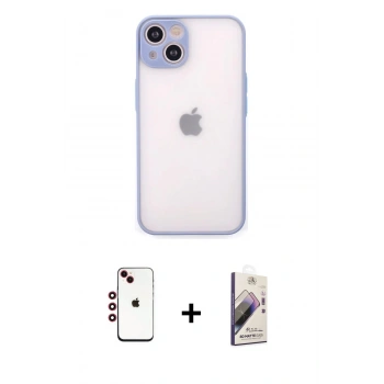 MARSİLYAN™- iPhone 14 Kılıf Ahenk Çizgi Serisi - Siyah Bilvis 3D Mat Cam Ekran Koruyucu + Shine Kamera Lens - KI