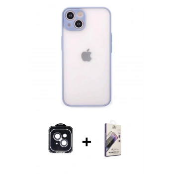 MARSİLYAN™- iPhone 14 Kılıf Ahenk Çizgi Serisi - Siyah Bilvis 3D Mat Cam Ekran Koruyucu + PVD Metal Kamera Lens - SH