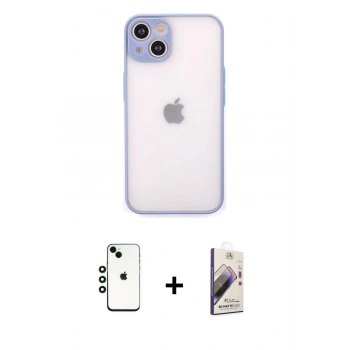 MARSİLYAN™- iPhone 14 Kılıf Ahenk Çizgi Serisi - Siyah Bilvis 3D Mat Cam Ekran Koruyucu + Shine Kamera Lens - YL