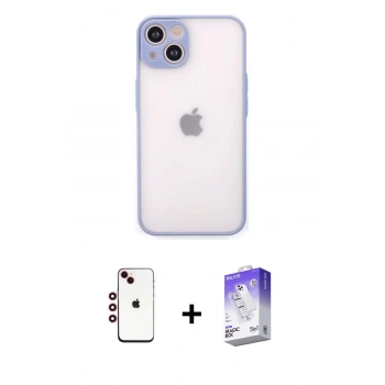 MARSİLYAN™- iPhone 14 Kılıf Ahenk Çizgi Serisi - Siyah Bilvis 5in1 3D Magic Cam Ekran Koruyucu + Shine Kamera Lens - KI