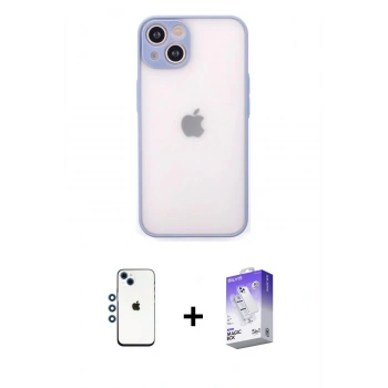 MARSİLYAN™- iPhone 14 Kılıf Ahenk Çizgi Serisi - Siyah Bilvis 5in1 3D Magic Cam Ekran Koruyucu + Shine Kamera Lens - MI