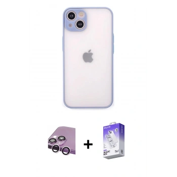 MARSİLYAN™- iPhone 14 Kılıf Ahenk Çizgi Serisi - Siyah Bilvis 5in1 3D Magic Cam Ekran Koruyucu + Raze Metal Kamera Lens - MR