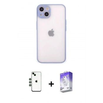 MARSİLYAN™- iPhone 14 Kılıf Ahenk Çizgi Serisi - Siyah Bilvis 5in1 3D Magic Cam Ekran Koruyucu + Shine Kamera Lens - YL