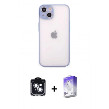MARSİLYAN™- iPhone 14 Kılıf Ahenk Çizgi Serisi - Siyah Bilvis 5in1 3D Magic Cam Ekran Koruyucu + PVD Metal Kamera Lens - SH