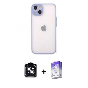MARSİLYAN™- iPhone 14 Kılıf Ahenk Çizgi Serisi - Siyah Bilvis 5in1 3D Magic Cam Ekran Koruyucu + PVD Metal Kamera Lens - YL