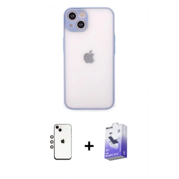 MARSİLYAN™- iPhone 14 Kılıf Ahenk Çizgi Serisi - Siyah Bilvis 5in1 5D Magic Hayalet Cam Ekran Koruyucu + Shine Kamera Lens - GI