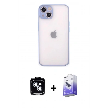 MARSİLYAN™- iPhone 14 Kılıf Ahenk Çizgi Serisi - Siyah Bilvis 5in1 5D Magic Hayalet Cam Ekran Koruyucu + PVD Metal Kamera Lens - MI