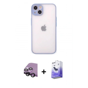 MARSİLYAN™- iPhone 14 Kılıf Ahenk Çizgi Serisi - Siyah Bilvis 5in1 5D Magic Hayalet Cam Ekran Koruyucu + Raze Metal Kamera Lens - SH