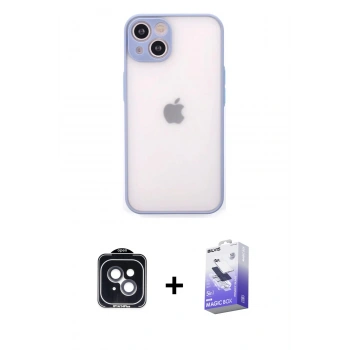 MARSİLYAN™- iPhone 14 Kılıf Ahenk Çizgi Serisi - Siyah Bilvis 5in1 5D Magic Hayalet Cam Ekran Koruyucu + PVD Metal Kamera Lens - SH