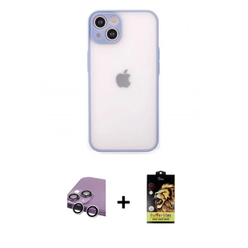 MARSİLYAN™- iPhone 14 Kılıf Ahenk Çizgi Serisi - Siyah Buffer Cam Ekran Koruyucu + Raze Metal Kamera Lens - GS