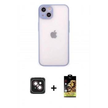 MARSİLYAN™- iPhone 14 Kılıf Ahenk Çizgi Serisi - Siyah Buffer Cam Ekran Koruyucu + PVD Metal Kamera Lens - PE