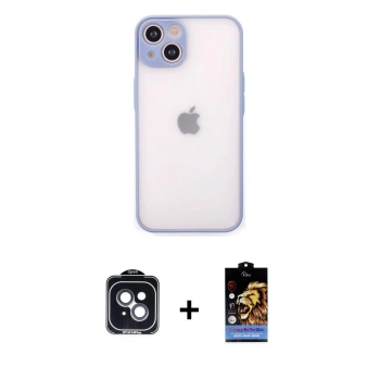 MARSİLYAN™- iPhone 14 Kılıf Ahenk Çizgi Serisi - Siyah Buffer Hayalet Cam Ekran Koruyucu + PVD Metal Kamera Lens - SH