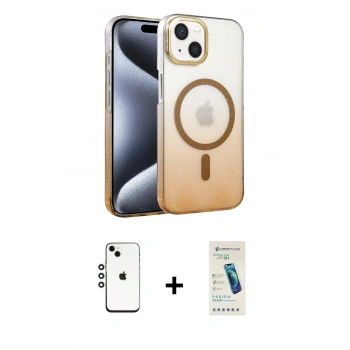MARSİLYAN™- iPhone 14 Kılıf Ahenk Doku Özel Seri - Şeffaf Pasifik Cam Ekran Koruyucu + Shine Kamera Lens - GS