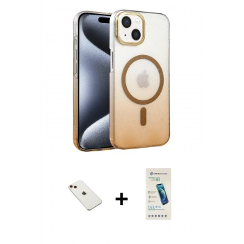 MARSİLYAN™- iPhone 14 Kılıf Ahenk Doku Özel Seri - Şeffaf Pasifik Cam Ekran Koruyucu + Diamond Kamera Lens - KI