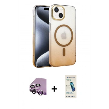 MARSİLYAN™- iPhone 14 Kılıf Ahenk Doku Özel Seri - Şeffaf Pasifik Cam Ekran Koruyucu + Raze Metal Kamera Lens - MR