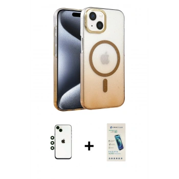 MARSİLYAN™- iPhone 14 Kılıf Ahenk Doku Özel Seri - Şeffaf Pasifik Cam Ekran Koruyucu + Shine Kamera Lens - YL