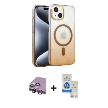 MARSİLYAN™- iPhone 14 Kılıf Ahenk Doku Özel Seri - Şeffaf Royal Nano Ekran Koruyucu + Raze Metal Kamera Lens - MR