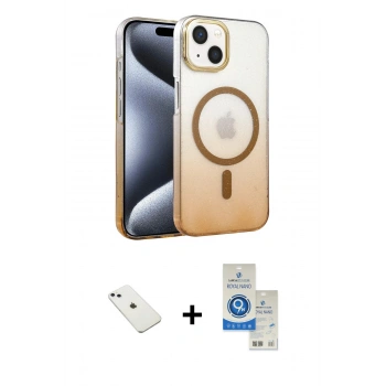 MARSİLYAN™- iPhone 14 Kılıf Ahenk Doku Özel Seri - Şeffaf Royal Nano Ekran Koruyucu + Diamond Kamera Lens - SABE