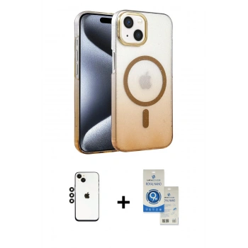 MARSİLYAN™- iPhone 14 Kılıf Ahenk Doku Özel Seri - Şeffaf Royal Nano Ekran Koruyucu + Shine Kamera Lens - SH