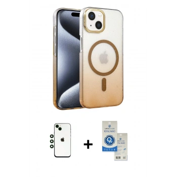 MARSİLYAN™- iPhone 14 Kılıf Ahenk Doku Özel Seri - Şeffaf Royal Nano Ekran Koruyucu + Shine Kamera Lens - YL