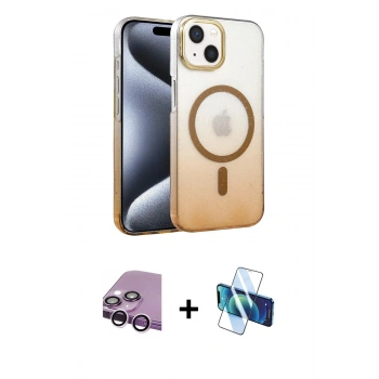 MARSİLYAN™- iPhone 14 Kılıf Ahenk Doku Özel Seri - Siyah 3D Antistatik Cam Ekran Koruyucu + Raze Metal Kamera Lens - MR