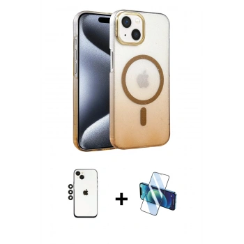 MARSİLYAN™- iPhone 14 Kılıf Ahenk Doku Özel Seri - Siyah 3D Antistatik Cam Ekran Koruyucu + Shine Kamera Lens - SH