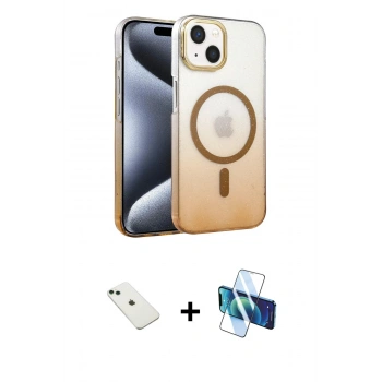 MARSİLYAN™- iPhone 14 Kılıf Ahenk Doku Özel Seri - Siyah 3D Antistatik Cam Ekran Koruyucu + Diamond Kamera Lens - YL