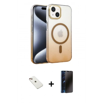 MARSİLYAN™- iPhone 14 Kılıf Ahenk Doku Özel Seri - Siyah 3D Antistatik Hayalet Cam Ekran Koruyucu + Diamond Kamera Lens - KI