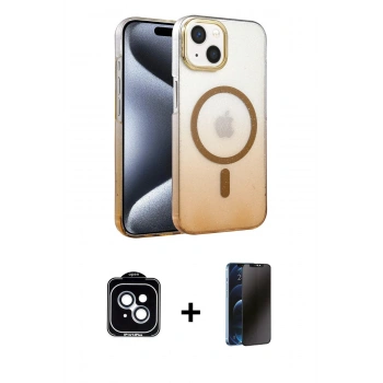 MARSİLYAN™- iPhone 14 Kılıf Ahenk Doku Özel Seri - Siyah 3D Antistatik Hayalet Cam Ekran Koruyucu + PVD Metal Kamera Lens - MI