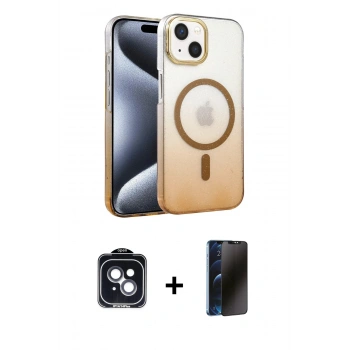 MARSİLYAN™- iPhone 14 Kılıf Ahenk Doku Özel Seri - Siyah 3D Antistatik Hayalet Cam Ekran Koruyucu + PVD Metal Kamera Lens - SH