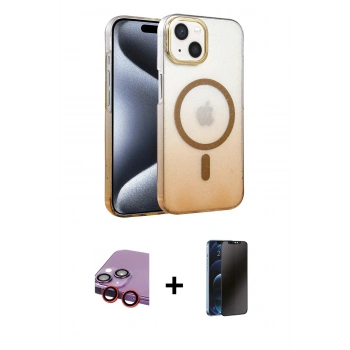 MARSİLYAN™- iPhone 14 Kılıf Ahenk Doku Özel Seri - Siyah 3D Antistatik Hayalet Cam Ekran Koruyucu + Raze Metal Kamera Lens - KI