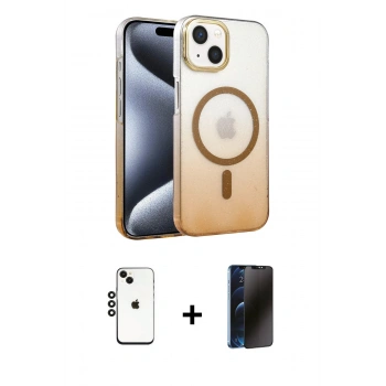 MARSİLYAN™- iPhone 14 Kılıf Ahenk Doku Özel Seri - Siyah 3D Antistatik Hayalet Cam Ekran Koruyucu + Shine Kamera Lens - SH