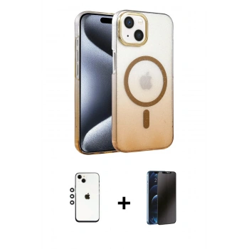 MARSİLYAN™- iPhone 14 Kılıf Ahenk Doku Özel Seri - Siyah 3D Antistatik Hayalet Cam Ekran Koruyucu + Shine Kamera Lens - GS