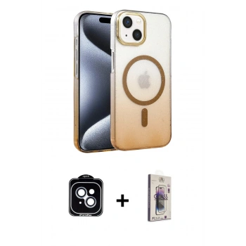 MARSİLYAN™- iPhone 14 Kılıf Ahenk Doku Özel Seri - Siyah Bilvis 3D Cam Ekran Koruyucu + PVD Metal Kamera Lens - MI