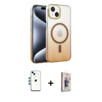 MARSİLYAN™- iPhone 14 Kılıf Ahenk Doku Özel Seri - Siyah Bilvis 3D Cam Ekran Koruyucu + Shine Kamera Lens - MI