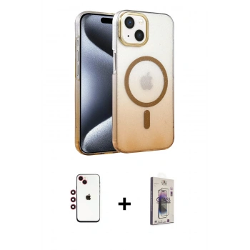 MARSİLYAN™- iPhone 14 Kılıf Ahenk Doku Özel Seri - Siyah Bilvis 3D Cam Ekran Koruyucu + Shine Kamera Lens - KI