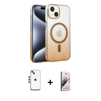 MARSİLYAN™- iPhone 14 Kılıf Ahenk Doku Özel Seri - Siyah Bilvis 3D Mat Cam Ekran Koruyucu + Shine Kamera Lens - GS