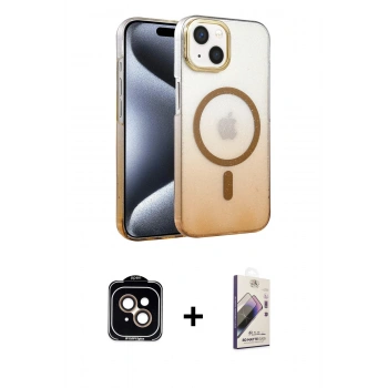 MARSİLYAN™- iPhone 14 Kılıf Ahenk Doku Özel Seri - Siyah Bilvis 3D Mat Cam Ekran Koruyucu + PVD Metal Kamera Lens - TU
