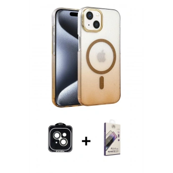 MARSİLYAN™- iPhone 14 Kılıf Ahenk Doku Özel Seri - Siyah Bilvis 3D Mat Cam Ekran Koruyucu + PVD Metal Kamera Lens - YL