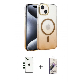 MARSİLYAN™- iPhone 14 Kılıf Ahenk Doku Özel Seri - Siyah Bilvis 3D Mat Cam Ekran Koruyucu + Shine Kamera Lens - YL