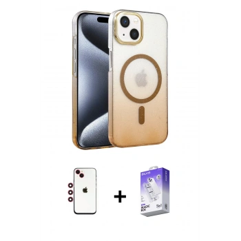 MARSİLYAN™- iPhone 14 Kılıf Ahenk Doku Özel Seri - Siyah Bilvis 5in1 3D Magic Cam Ekran Koruyucu + Shine Kamera Lens - KI