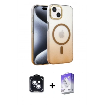 MARSİLYAN™- iPhone 14 Kılıf Ahenk Doku Özel Seri - Siyah Bilvis 5in1 3D Magic Cam Ekran Koruyucu + PVD Metal Kamera Lens - SH