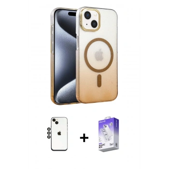 MARSİLYAN™- iPhone 14 Kılıf Ahenk Doku Özel Seri - Siyah Bilvis 5in1 3D Magic Cam Ekran Koruyucu + Shine Kamera Lens - SH