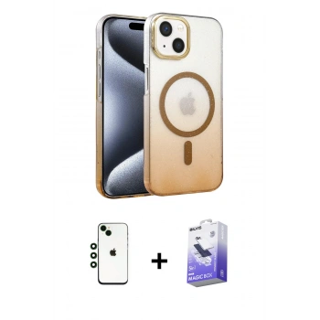 MARSİLYAN™- iPhone 14 Kılıf Ahenk Doku Özel Seri - Siyah Bilvis 5in1 5D Magic Hayalet Cam Ekran Koruyucu + Shine Kamera Lens - YL