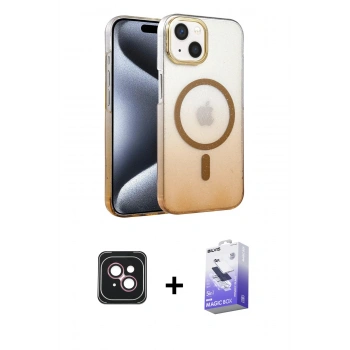 MARSİLYAN™- iPhone 14 Kılıf Ahenk Doku Özel Seri - Siyah Bilvis 5in1 5D Magic Hayalet Cam Ekran Koruyucu + PVD Metal Kamera Lens - PE